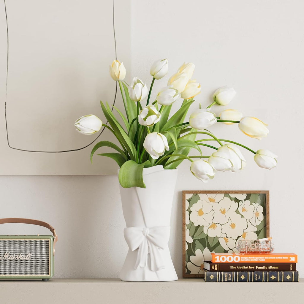 White Ceramic Bow Vase Unique Cute Decorative Bouquet Flower Vases 9.64 in Summer Home Decor Vase