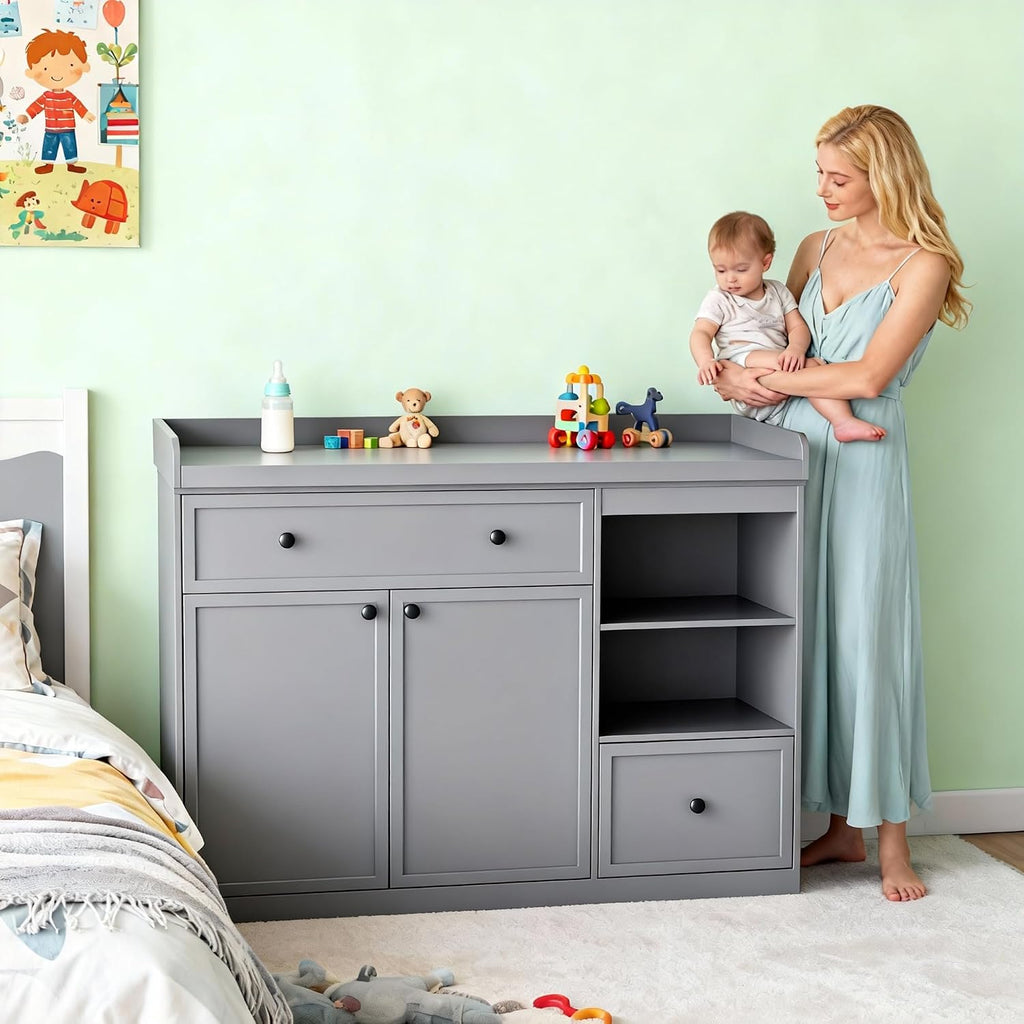 Wide Baby Changing Table Dresser with 2 Doors, 2 Different Size Drawers &Storage Cubbies, Durable Wood Construction