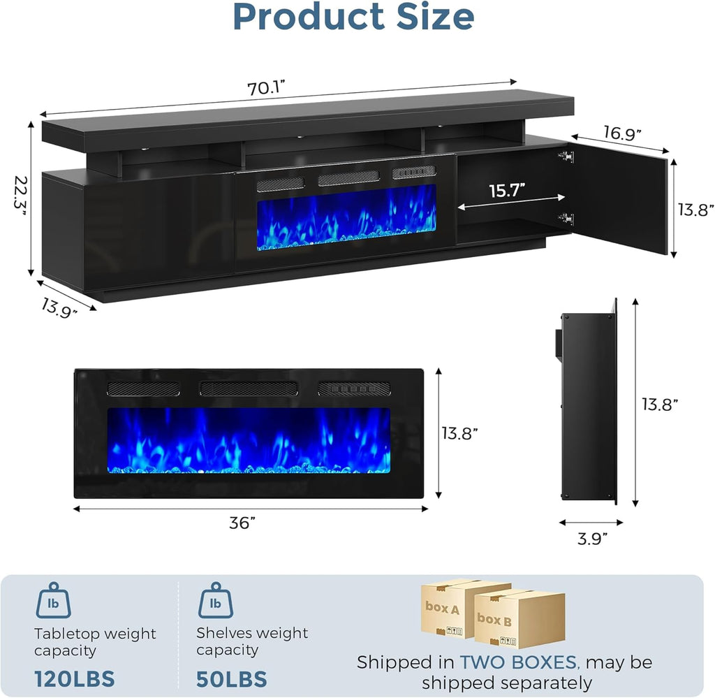 70" Floating Fireplace TV Stand with 36" Crystal Electric Fireplace, LED Entertainment Center for TVs up to 80"