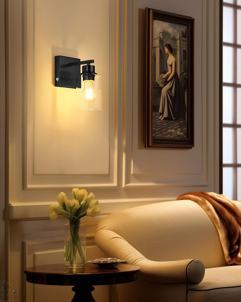 Wireless Battery Operated Wall Sconce Set of Two with Remote Control | Black Dimmable Rechargeable Wall Lights with Timer, Easy Install Glass Lamp for Living Room Bedroom, Emergency 3000K