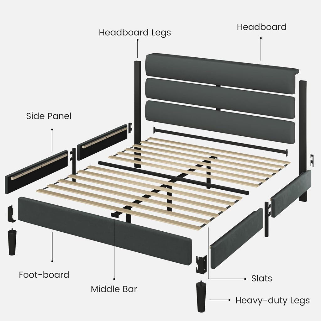 Queen Bed Frame, Platform Bed Frame with Velvet Upholstered Headboard, No Box Spring Needed, Sturdy Metal Support