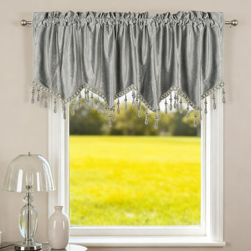 Velvet Valance Curtains for Window Treatment, Rod Pocket Room Darkening Scalloped Kitchen Curtains with Bead Trim