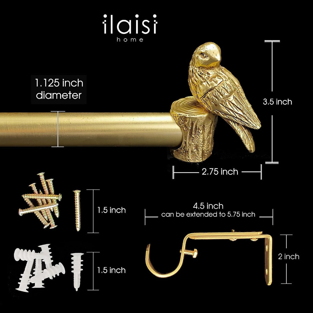 1-1/8 Inch Diameter Brushed Gold Curtain Rod with Bird Design Finials, 36-72'' Telescoping Single Curtain Rods for