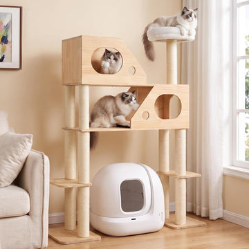 Large Cat Tree for Automatic Litter Box, 4 Tier Sturdy Wood Tower