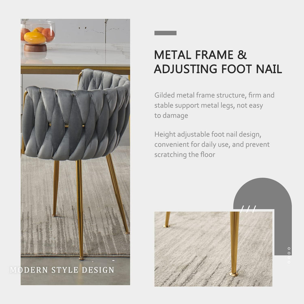 Velvet Dining Chairs Set of 6 with Golden Metal Legs and Woven Backrest - Grey
