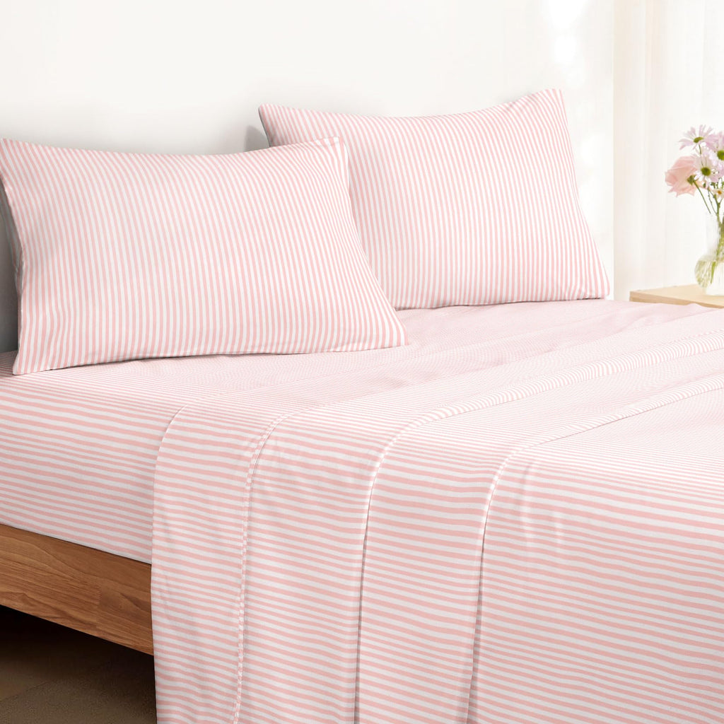 Striped Bed Sheets, 4-Piece Sheet Set, Ticking Vertical Pin Stripe Modern Farmhouse Pattern Printed Bedding, Deep
