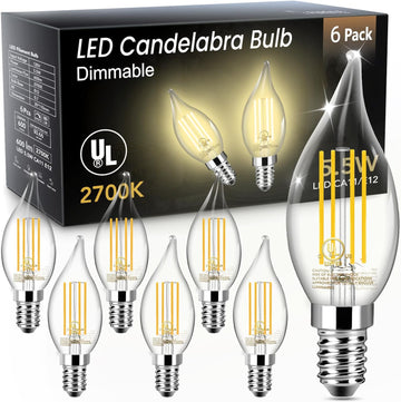 LED Candelabra Bulb Dimmable, 60W Equivalent LED Chandelier Light Bulbs, 5.5W 2700K Warm White 600LM CA11 Flame Tip