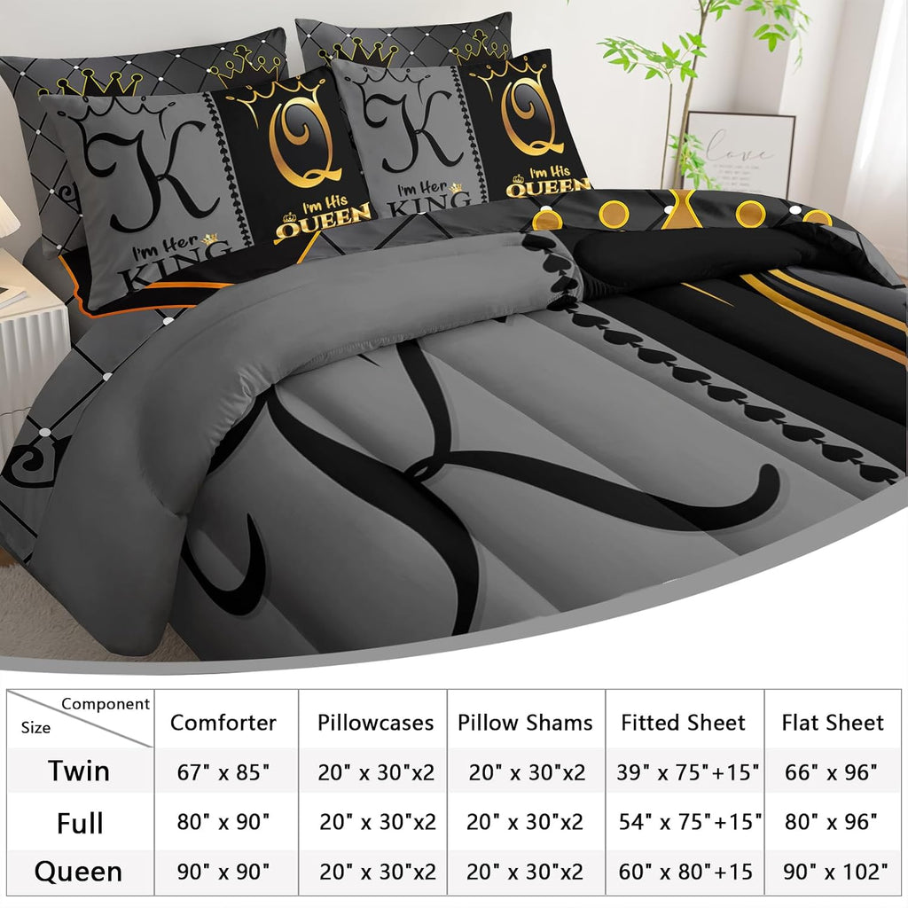 Grey and Black Comforter Set Full IZE,7-Piece K and Q Printed Crown Couple Bed in a Bag,His Her Lover Comforter & - Set of 7