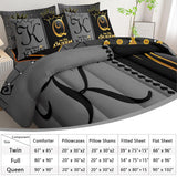 Grey and Black Comforter Set Queen IZE,7-Piece K and Q Printed Crown Couple Bed in a Bag,His Her Lover Comforter &