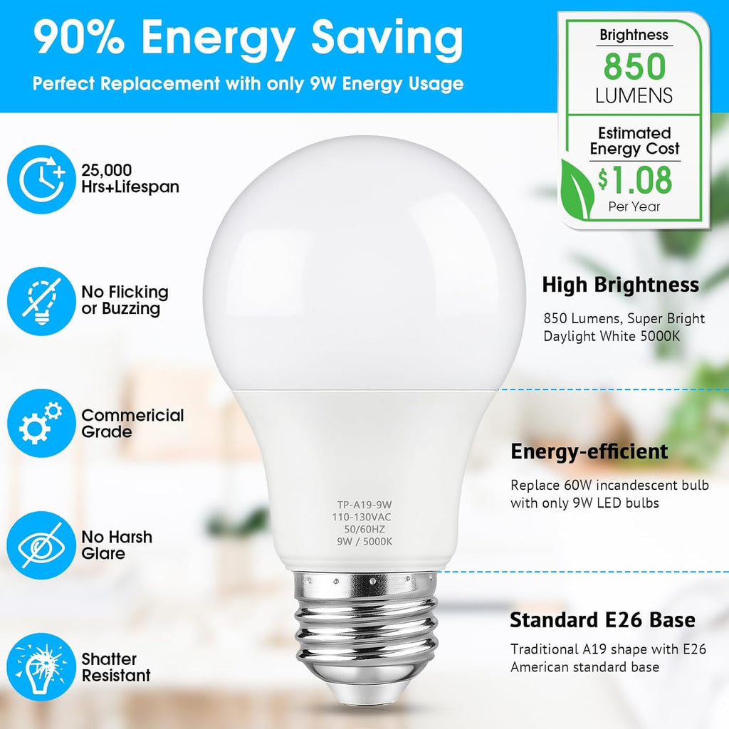 A19 LED Light Bulb, 60 Watt Equivalent LED Bulb, Daylight White 5000K, 850 Lumen, E26 Base, Non-Dimmable, 9W Bright (12-Pack)