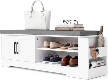 47.3" Shoe Storage Bench with Cushion, Entryway Shoe Cabinet, White | 3-in-1 Shoe Storage Bench, 47.3", Adjustable