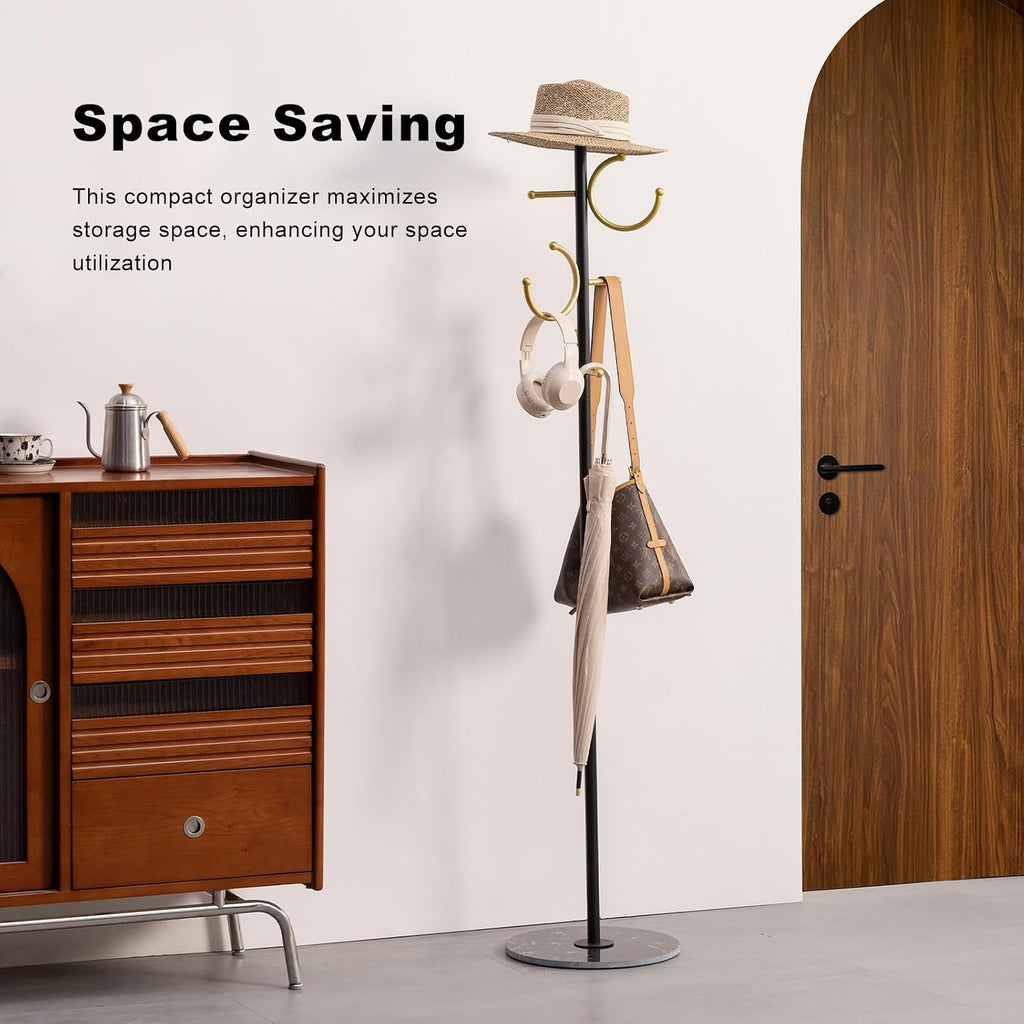 Coat Rack Freestanding Corner Coat Tree Hat Rack Stand with Heavy duty Marble Base & 6 Hooks , Hotel, Office 14.57"x