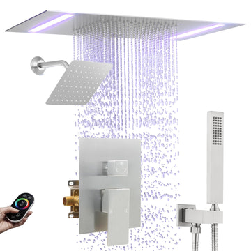 Rain Shower Head System with 14x20 Inch Ceiling Mount LED Head & 6 Inch Wall Head and Handheld Shower 3 Way Pressure