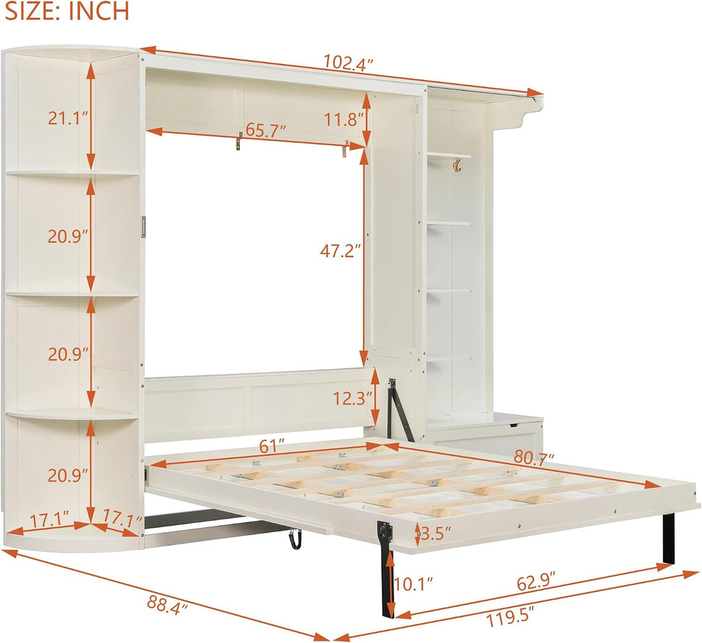 Queen Murphy Bed with Storage and Lights, Hidden Fold-Out Legs, Foldable Murphy Cabinet Bed with Hook, Built-in