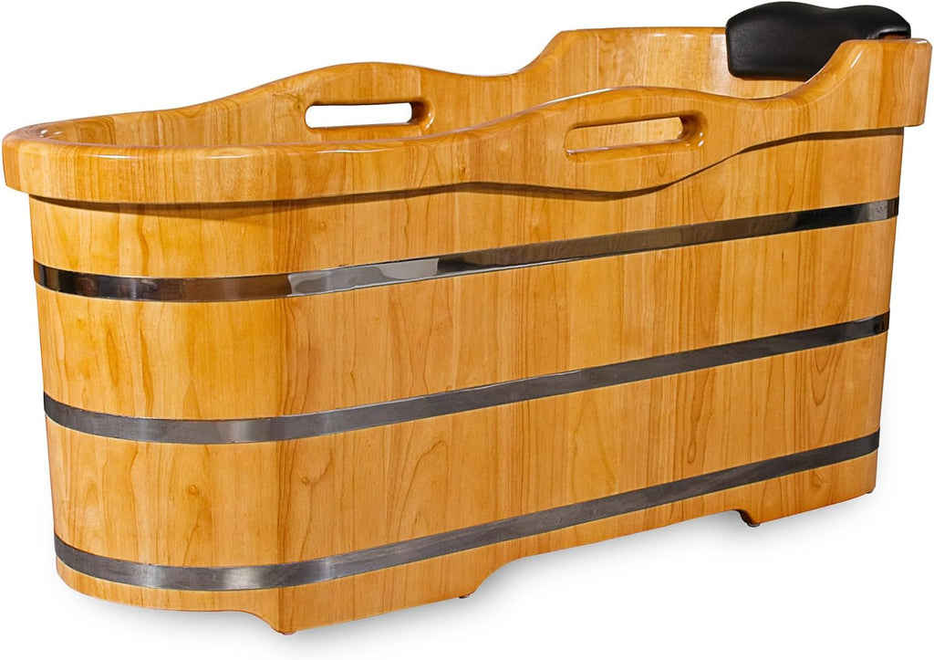 59” Freestanding Bathtub Wooden Soaking Tub Handcrafted Deep Soaking Bathtub with Wooden Handrails, Japanese Soaking