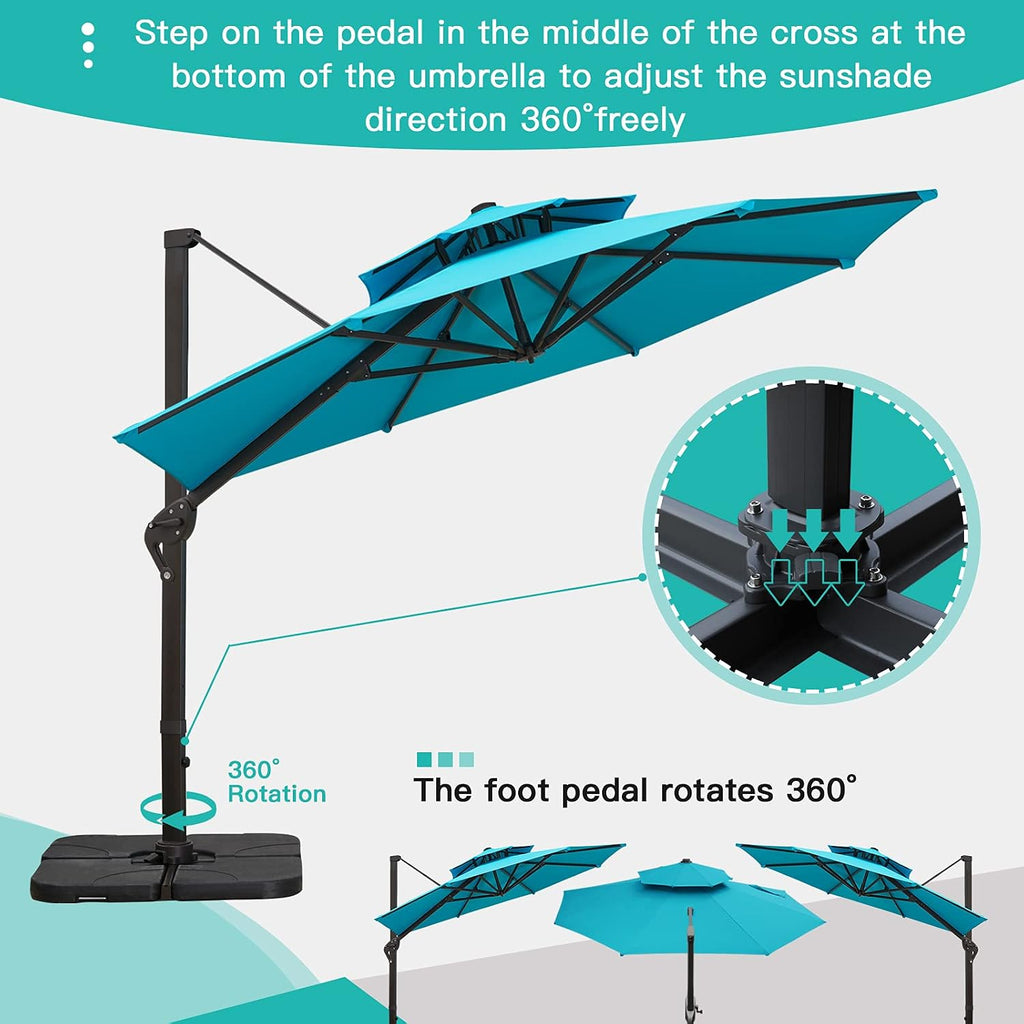 11FT Double Top Cantilever Patio Umbrella Deluxe Offset Umbrella 360° Rotation & Integrated Tilting System Heavy Duty