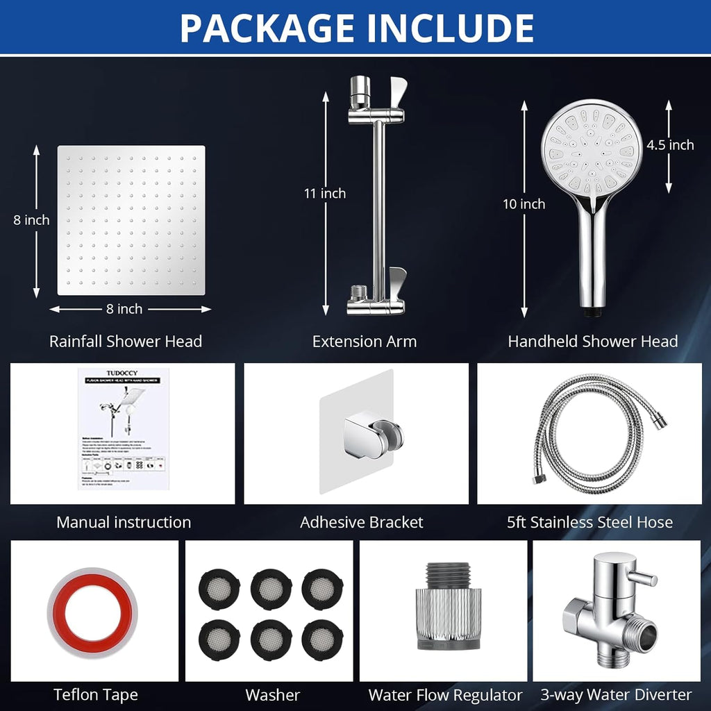 Shower Head, 8 Inch High Pressure Rainfall Shower Head/Handheld Shower Combo with 11 Inch Extension Arm