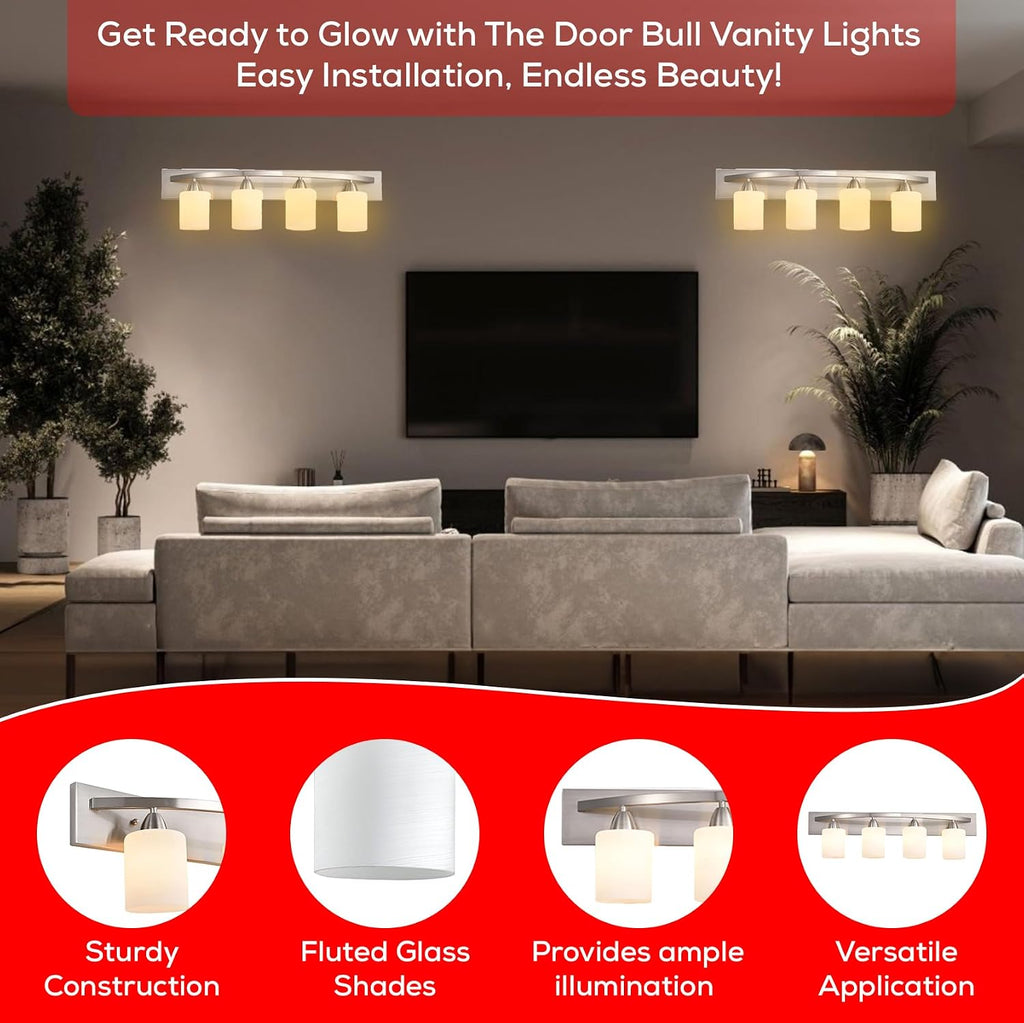 4-Light Bathroom Vanity Bar Light Fixture - Brushed Nickel | Modern Frosted glass shades with E26 socket. Matte Wall