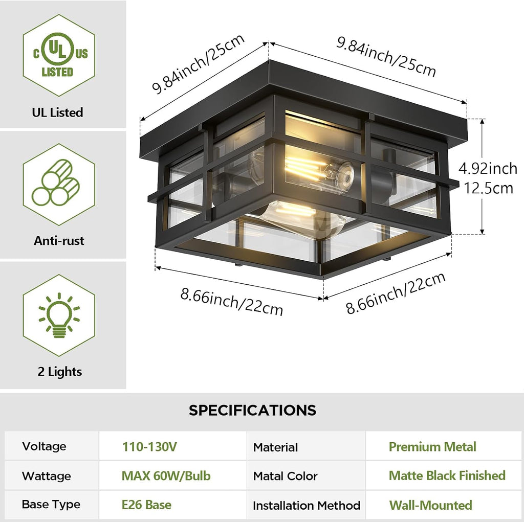 Modern Outdoor Ceiling Light Fixtures, 2-Light Black Flush Mount Light Fixtures with Clear Glass Shade