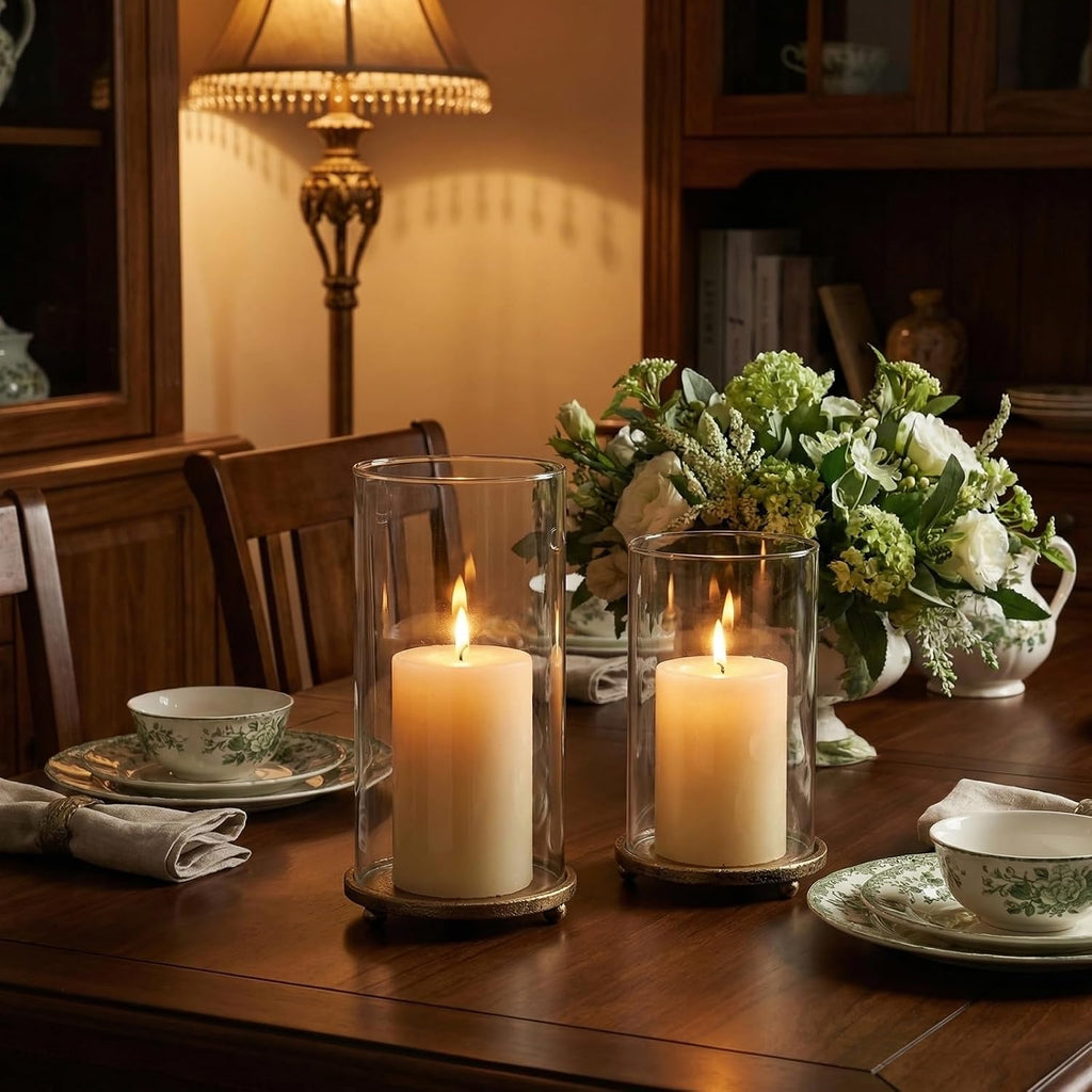 Hurricane Candle Holders Set of 2 - Pillar Candle Stands with Glass Sleeves for Fireplace Mantel & Dining Table