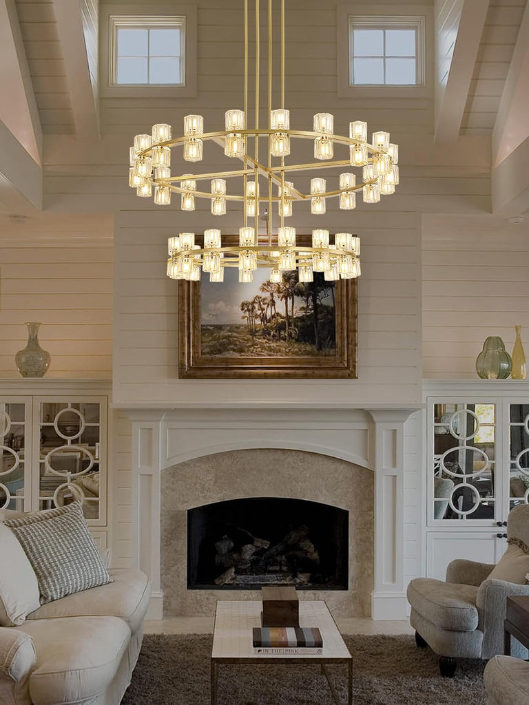 Inspired Arcachon Style 2-Tier Round Wagon Wheel Chandelier, 32" + 40" 72-Light Gold — Foyer, Great Room & Dining