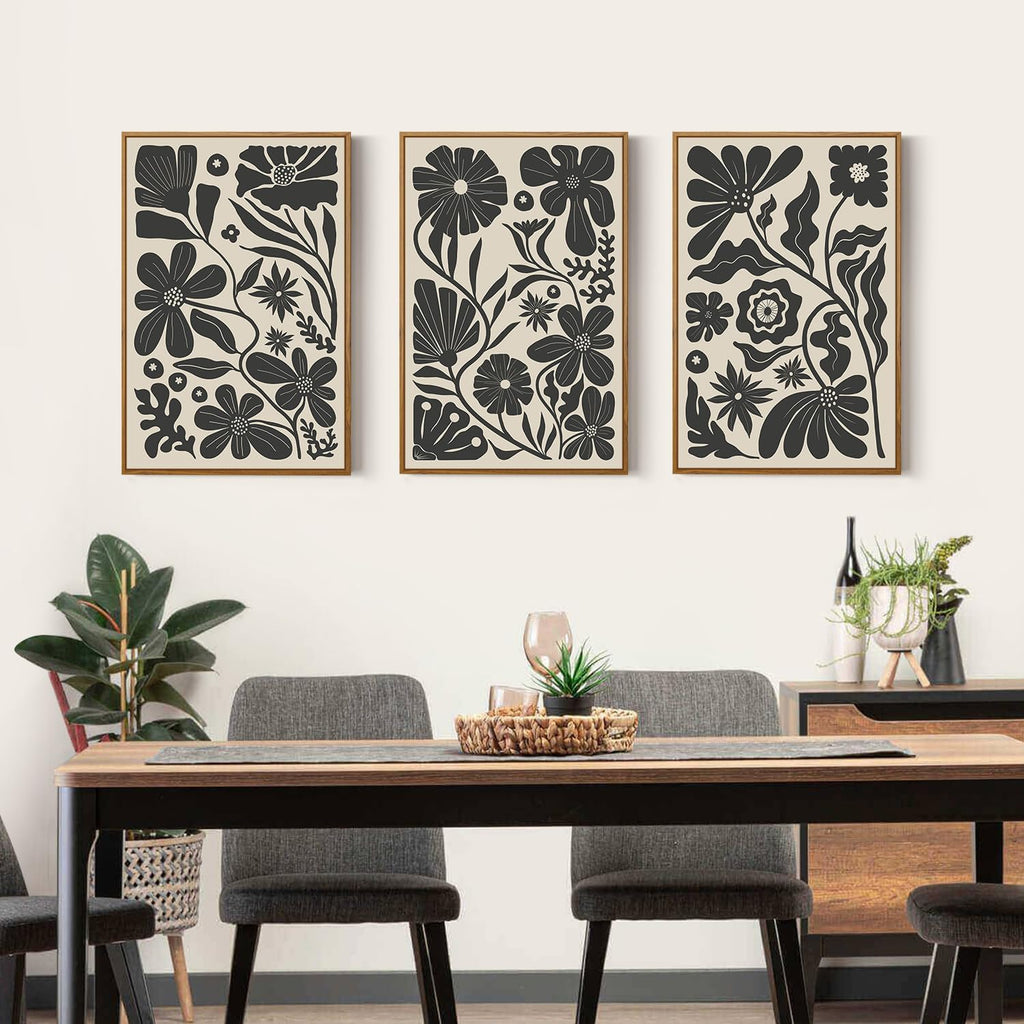 Black Floral Botanical Framed Canvas Wall Art Set, Abstract Floral Market Wall Decor, Modern Vintage Wall Painting