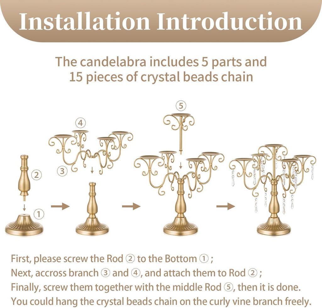 Gold Candelabra Candle Holder - 5 Arm Pillar Candle Holders with Crystal Beadsedding Candleholders Decoration Set of 2