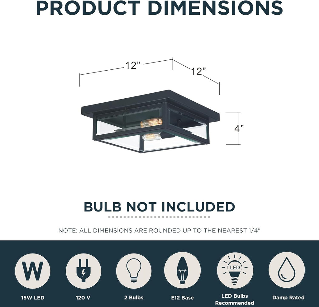 Westover 12" Outdoor Flush Mount Ceiling Light, 2-Light Earth Black with Clear Beveled Glass, E12 Base, ETL Damp Rated