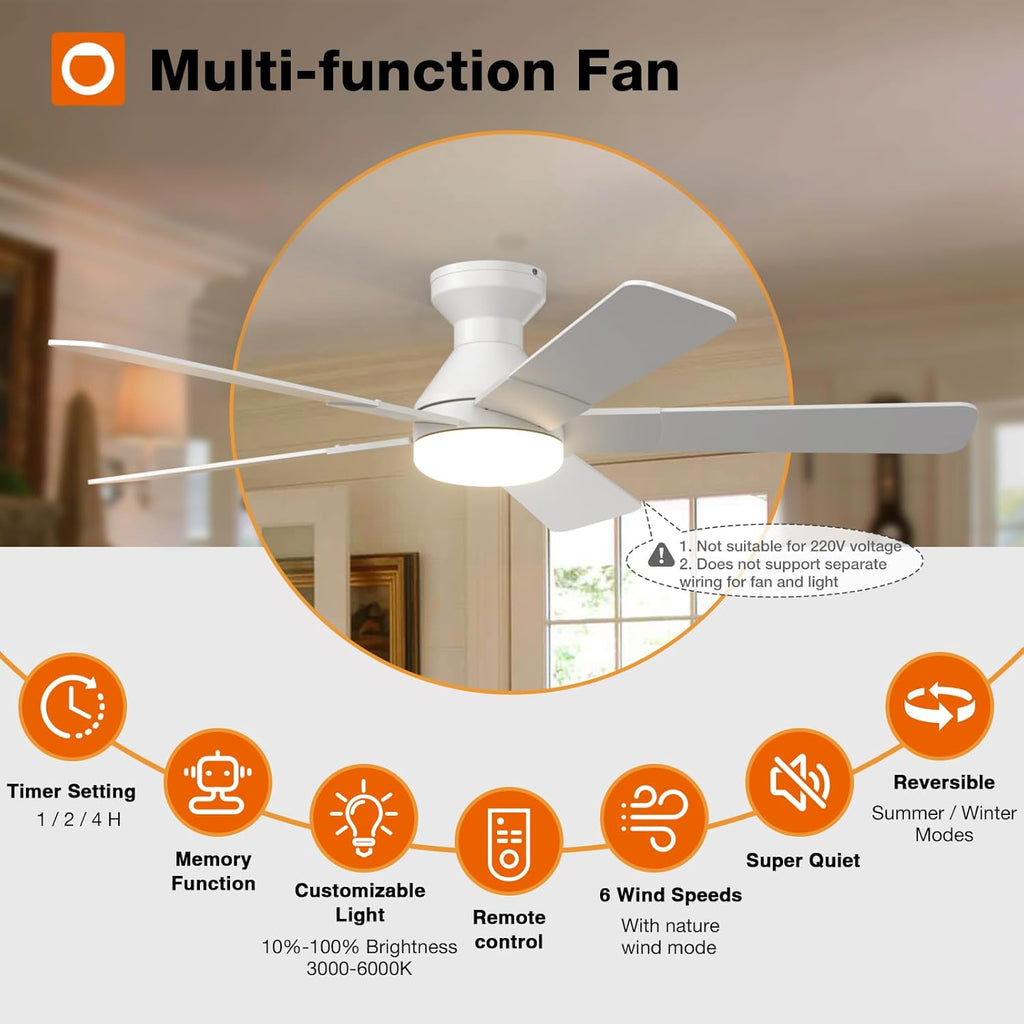 Ceiling Fans with Lights, 52 inch Low Profile Ceiling Fan with Light and Remote Control, Flush Mount, Reversible, 3CCT, Dimmable, Noiseless, White Ceiling Fan for Bedroom, Indoor/Outdoor Use