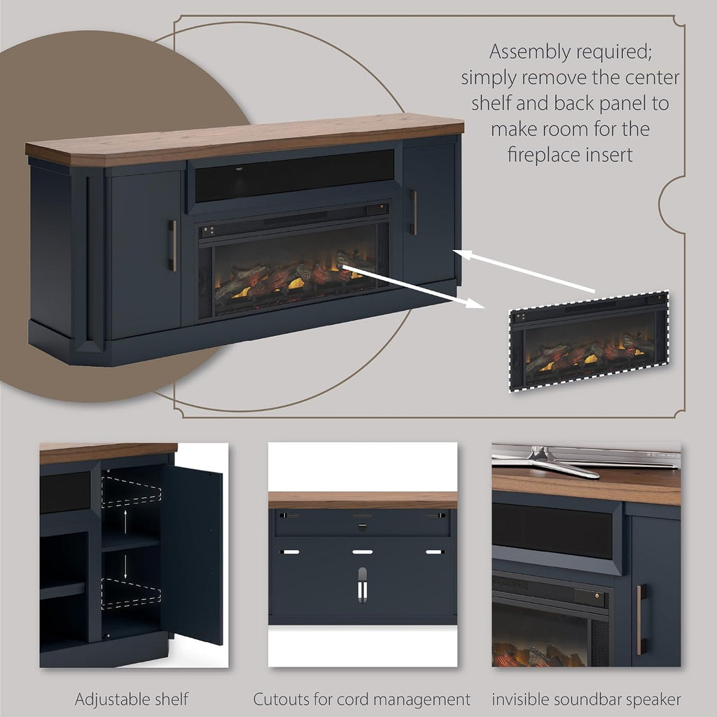 Fireplace TV Stand, 83" Console for 95" TVs, Built-in Speakers, Hardwood Solids, Mindi Veneer and MDF