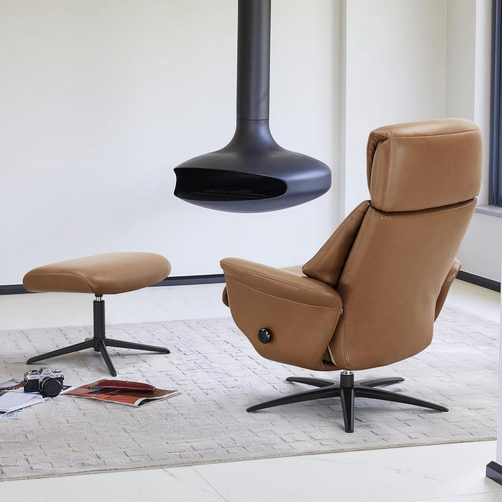 Modern Reclining Swivel Lounge Chair and Ottoman — Saddle Genuine Leather
