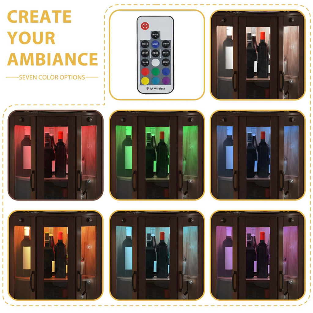 Walnut Corner Wine Cabinet, Lockable Glass Door with LED Light