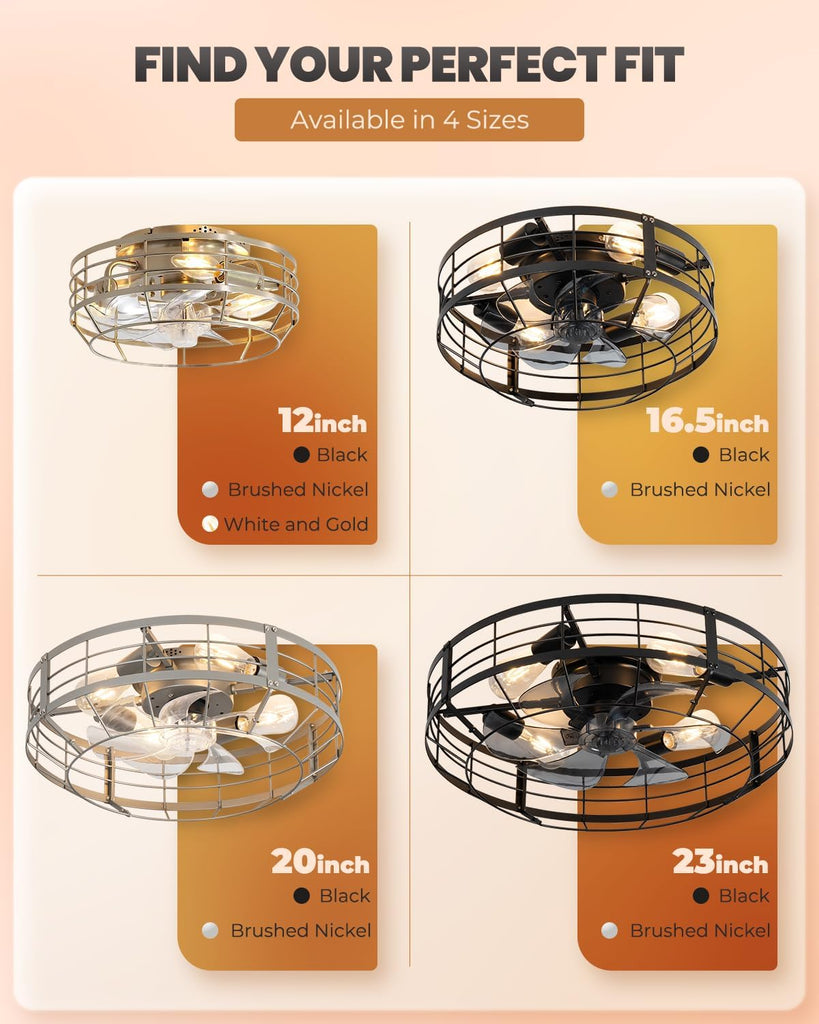23 Inch Farmhouse Caged Ceiling Fan with Light, Remote Control Flush Mount Fan Lights Ceiling Fixtures
