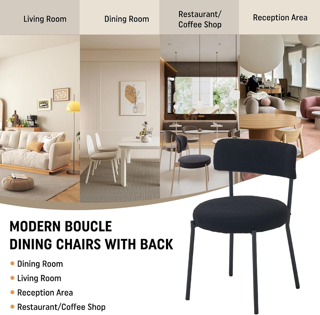 Boucle Dining Chairs Set of 4, Modern Round Upholstered Dining Chairs, Curved Backrest Kitchen Dining Room Chairs