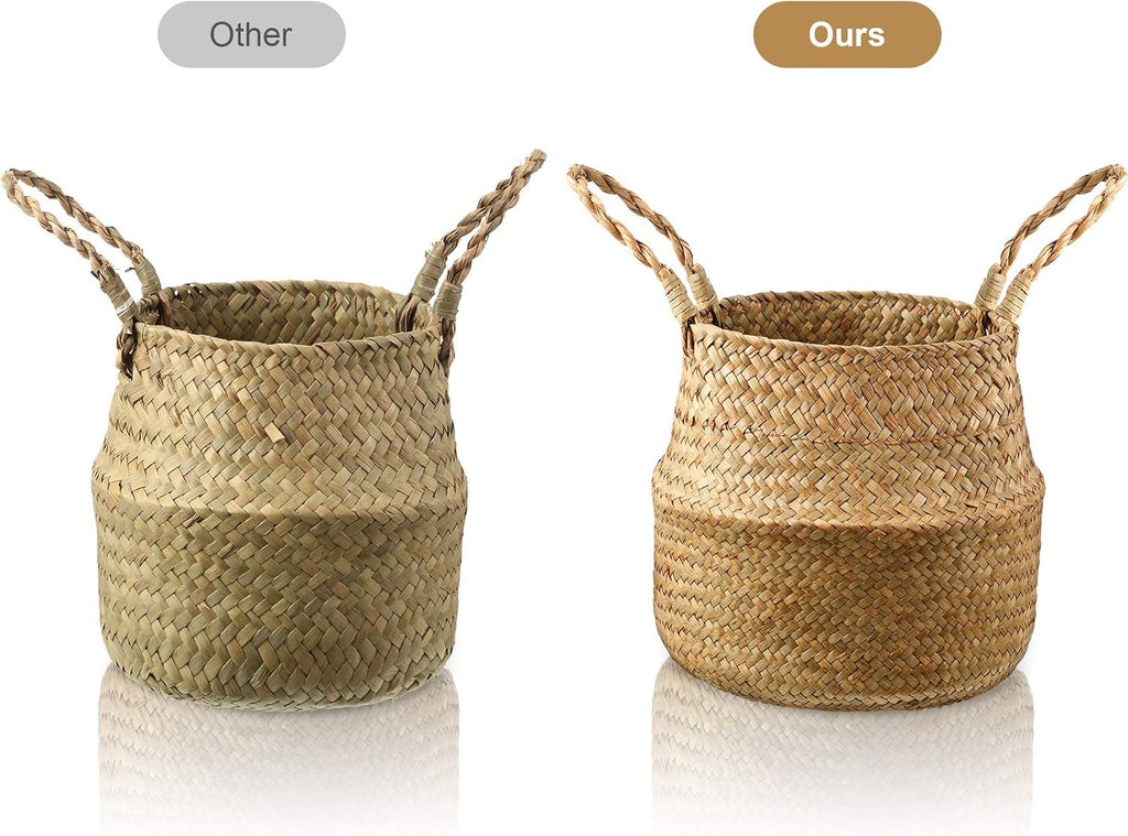 3 Set Seagrass Belly Storage Basket Woven Plant Pot Holder with Handles for Plants Picnic Grocery Laundry(Natural