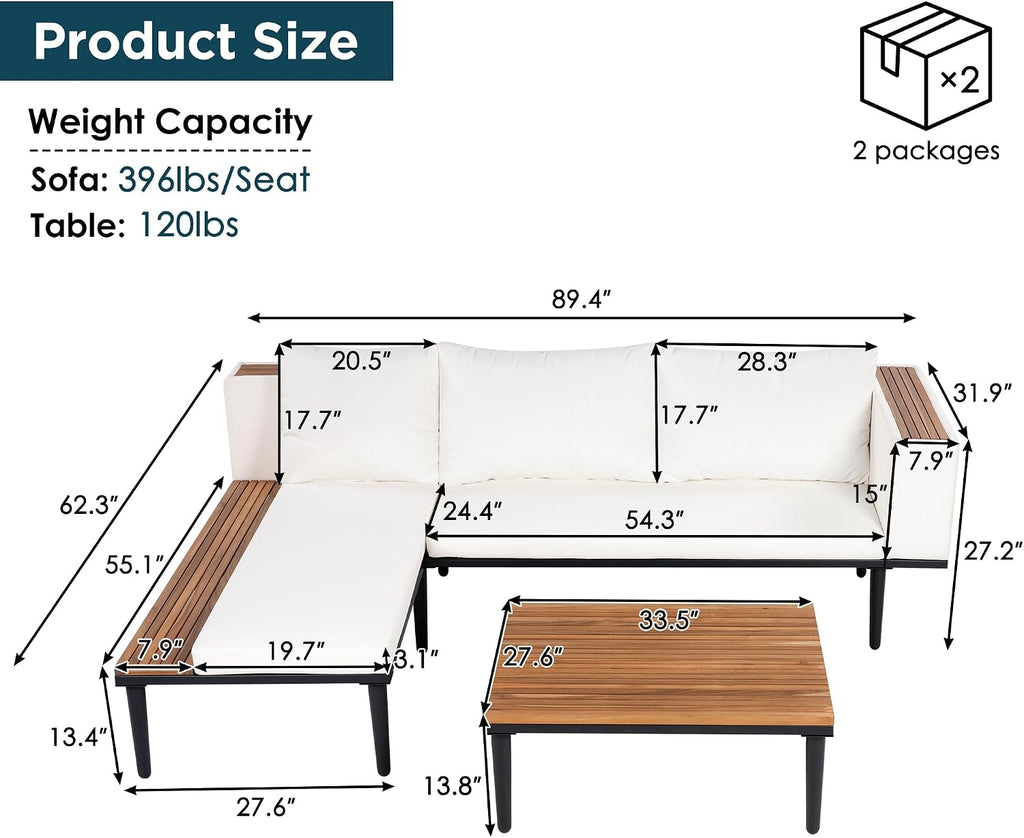 Acacia Wood Outdoor Sectional Sofa Set - Luxury L-Shaped Patio Furniture with Removable Cushions, Coffee Table & Side