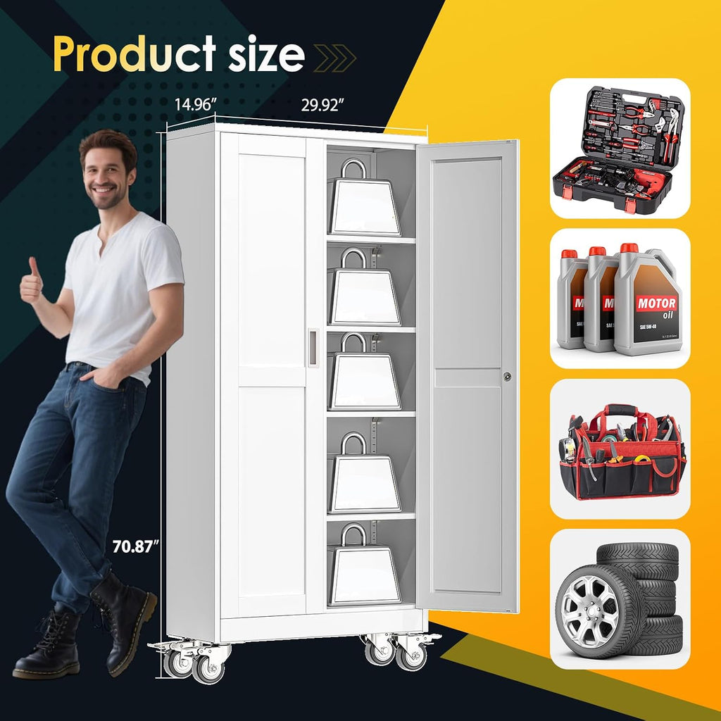 71''H Tall Metal Garage Storage Cabinet with Wheels,Steel File Cabinets with 2 Doors and 4 Adjustable Shelves