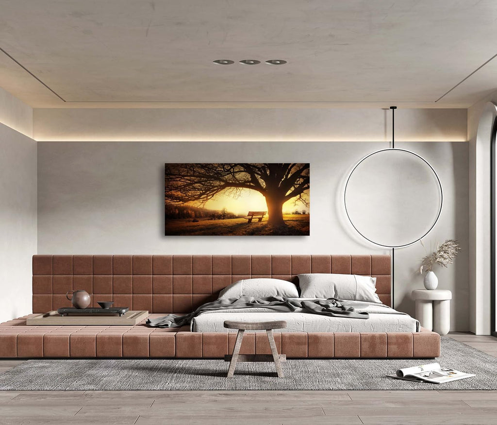Wall Art Decor Canvas Print Picture Big Trees in Sunset 1 Panel Golden Sunset Forest Natural Landscape Painting
