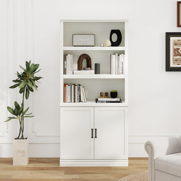 5 Shelf Tall Bookcase with Doors White Bookshelf 31in Wide Display Standing Shelf 72in Tall Wood Book Shelves Library
