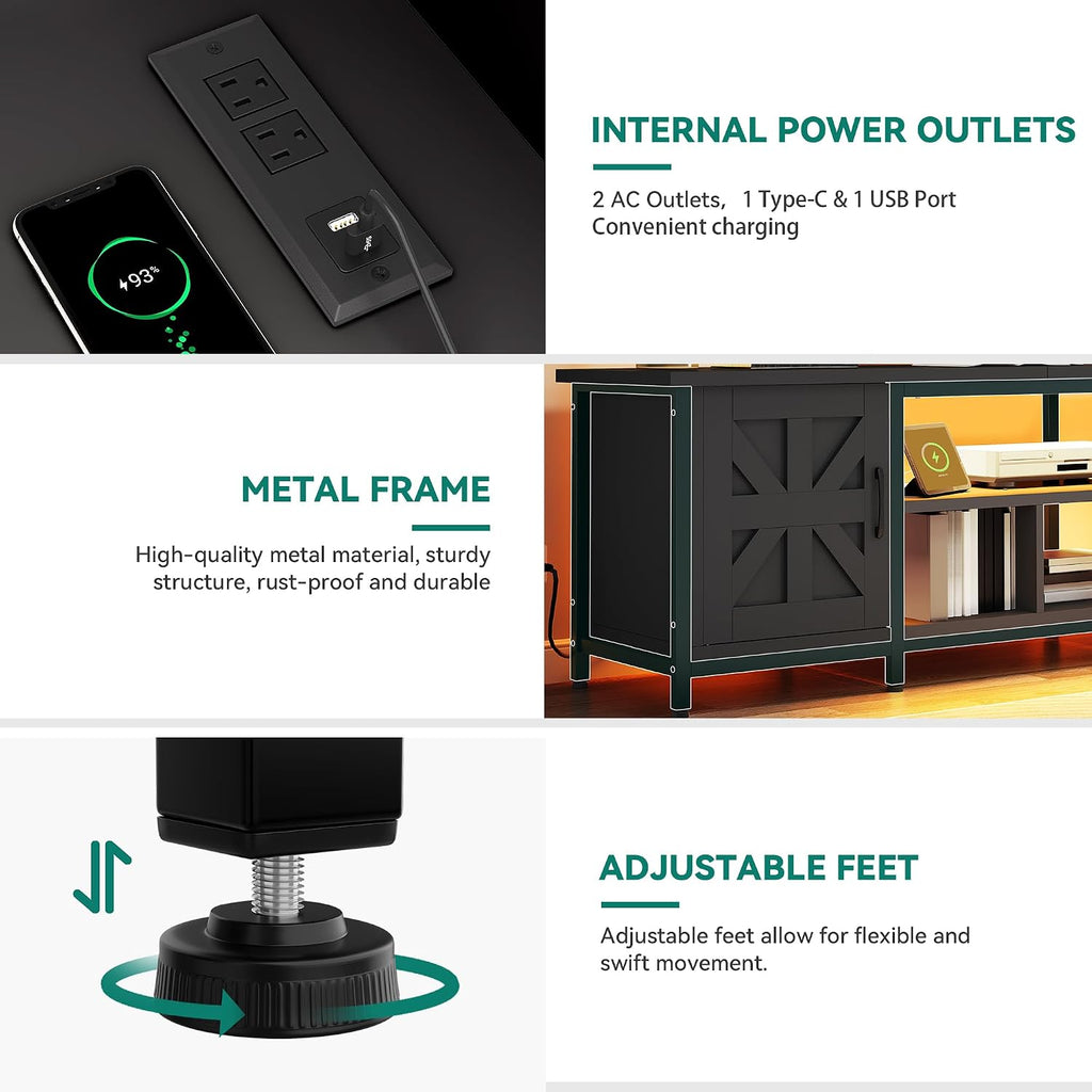 TV Stand with LED Lights & Charging Station, Farmhouse Entertainment Center with Storage Cabinets & Shelves