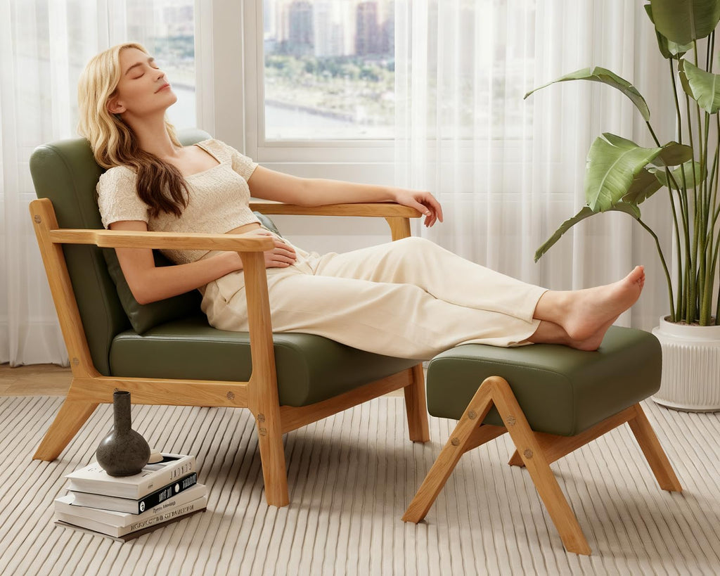 Modern Lounge Chair and Ottoman — Green Faux Leather