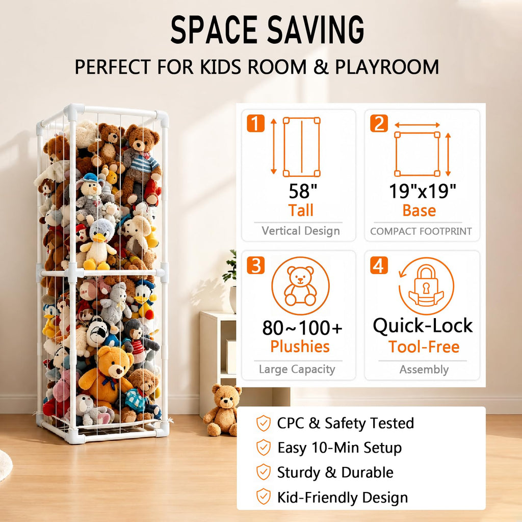 Stuffed Animal Storage Organizer, 58" Extra Large Zoo Cage for 80+ Plushies, Upgraded Quick-Lock Vertical Toy Holder