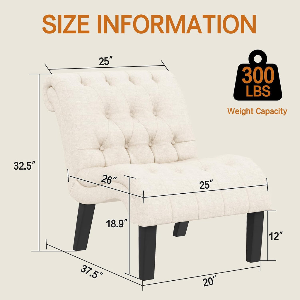 Mid Century Modern Accent Chair, Button Tufted Armless Lounge Chair, Upholstered Linen Side Chair with Solid Wood Legs