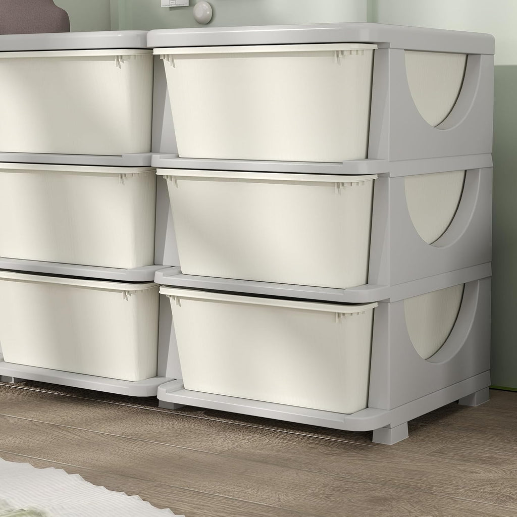 9 Drawers Kids Storage Unit 3 Tier Toy Organizers Cream White | Stackable Storage Chest, Bedroom, Nursery, Playroom