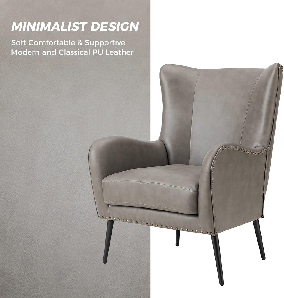 Faux Leather Accent Chair, Grey | Wingback design with removable cushion, nailhead trim, and metal legs , reading