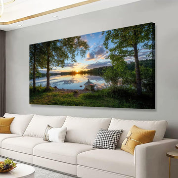 Tree Canvas Wall Art of a Sunrise Over a Forest Lake Nature Inspired Painting Perfect for Wall Decoration