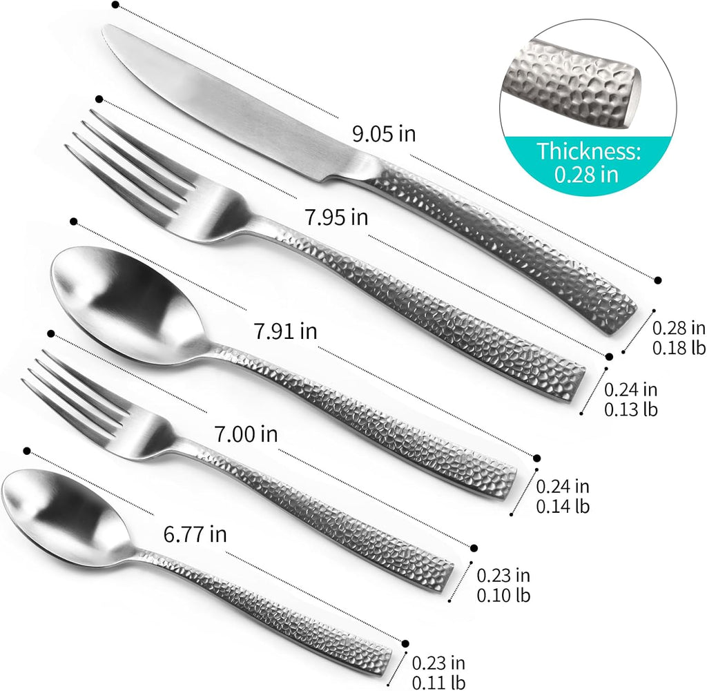 Matte Silver Hammered Flatware Set Stainless Steel Silverware Set 20 Pieces Cutlery Set Service for 4