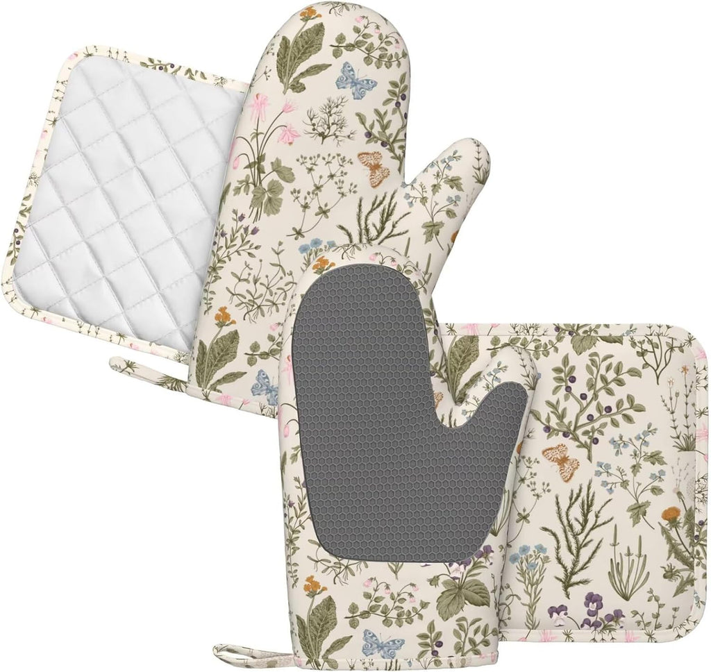 Vintage Wildflower Herbs Floral Rustic Butterfly Oven Mitts Pot Holders Set Silicone Kitchen Gloves Potholders