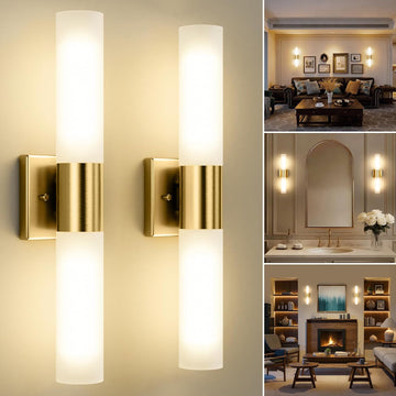 Wall Sconces Set of Two, Modern 21" Vanity, Frosted Glass, Gold | Indoor Wall Light Fixture. , Mirror, Bedroom