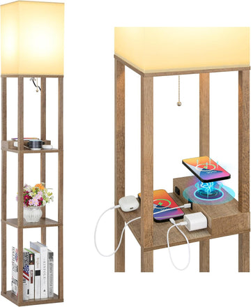 Modern Shelf Floor Lamp with Wireless Charger & Fast Charging USB Ports & Type C Port & 2 Power Outl